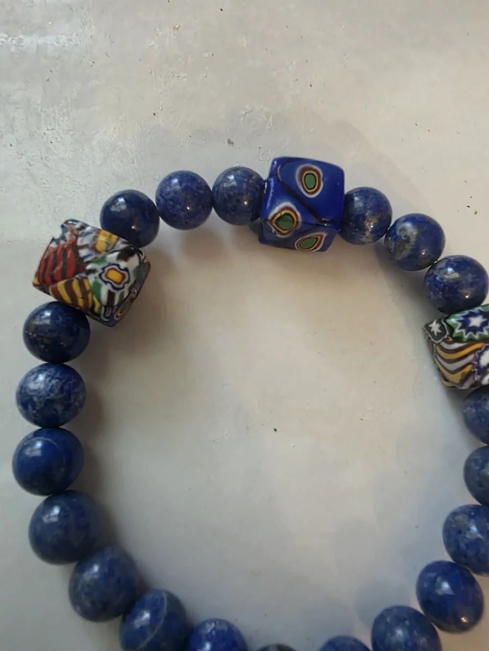Handmade Lapis Lazuli and Millefiori Glass Stretch Bracelet